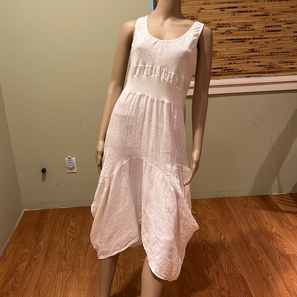 Bellissima Made In Italy Linen Dress Tank Style W/Pockets Asymmetrical Hem L/XL